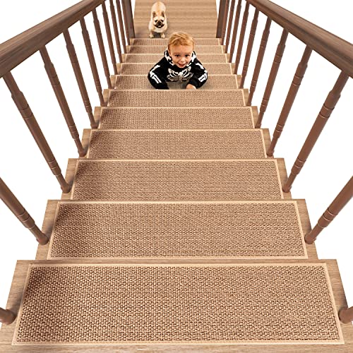 PADOOR Non Slip Stair-Treads,Rubber Backing Stair-Runners for Wooden Steps,15PCS Residue Free Carpet Stair Treads for Kids and Dogs 8"x30" Beige