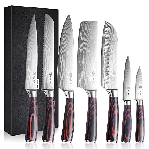 PAUDIN Kitchen Knife Set, Professional 7 Pcs Knives Set for Kitchen, Chef Knife Set with Sharp High Carbon Stainless Steel Blade and Pakkawood Handle, Japanese Knife Set Come with Gift Box