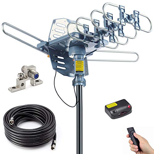 PBD Outdoor Digital Amplified HDTV Antenna, 150 Mile Motorized 360 Degree Rotation, Wireless Remote Control, 59FT RG6 Coax Cable, Coaxial Grounding Block, UHF VHF 1080P 4K, Support 2 TVs