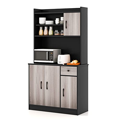 PETSITE Kitchen Pantry Storage Cabinet, 71'' Freestanding Microwave Cupboard with 3 Cabinets & Drawer, Adjustable Shelves, Buffet with Hutch for Living Room, Dining Room, Black