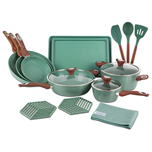 PHANTOM CHEF 18-Piece Cookware Set | Non-Stick Ceramic Coating | Oven & Dishwasher Safe | PFOA-Free | Aluminum Pots & Pans Set with Lids | Stay-Cool Handles | Induction Stovetop Compatible (Green)