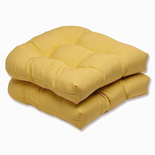 Pillow Perfect Fortress Solid Indoor/Outdoor Wicker Patio Seat Cushion Reversible, Weather and Fade Resistant, Round Corner - 19" x 19", Yellow, 2 Count