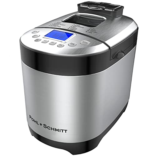 Pohl Schmitt Stainless Steel Bread Machine Bread Maker, 2LB 17-in-1, 14 Settings Incl Gluten Free & Fruit, Nut Dispenser, Nonstick Pan, 3 Loaf Sizes 3 Crust Colors, Keep Warm, and Recipes