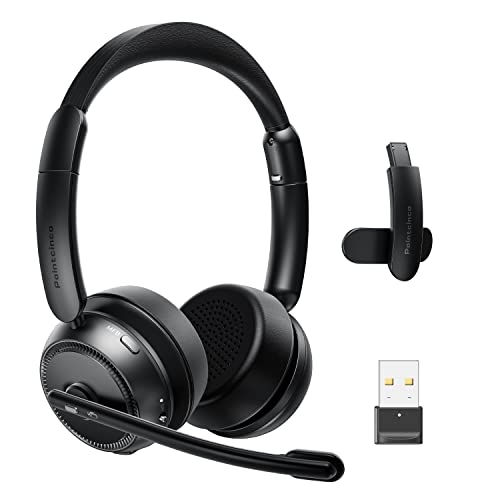Pointcinco Bluetooth Headset with AI Noise Canceling Microphone, Convertible Stereo to Mono Headset, Wireless Headset with USB dongle for Computer Game Office Call Center Skype Zoom Meeting Trucker