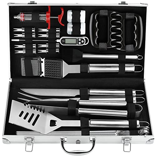 POLIGO 26PC Exclusive BBQ Grill Accessories in Aluminum Case for Birthday Christmas Grilling Gifts - Premium Grill Utensils Set with Barbecue Claws, Meat Injector, Thermometer for Smoker, Camping