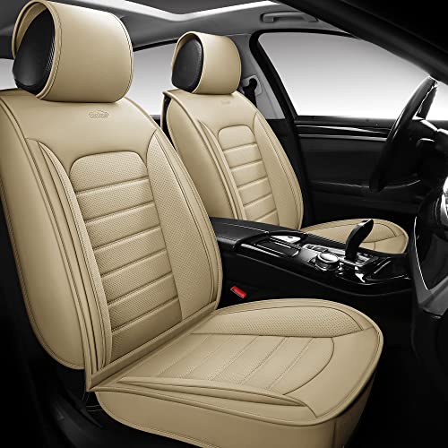 PONYJOYUP Leather Seat Covers for Cars, Waterproof Automotive Seat Covers & accessories for Cars, 5 Passenger Leatherette Car seat Covers for SUV & Universal, Interior Covers for Cars-FRONT PAIR-Beige