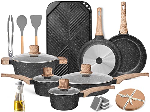 Pots and Pans Set - Caannasweis Kitchen Nonstick Cookware Sets Granite Frying Pans for Cooking Marble Stone Pan Sets Kitchen Essentials Set Gray