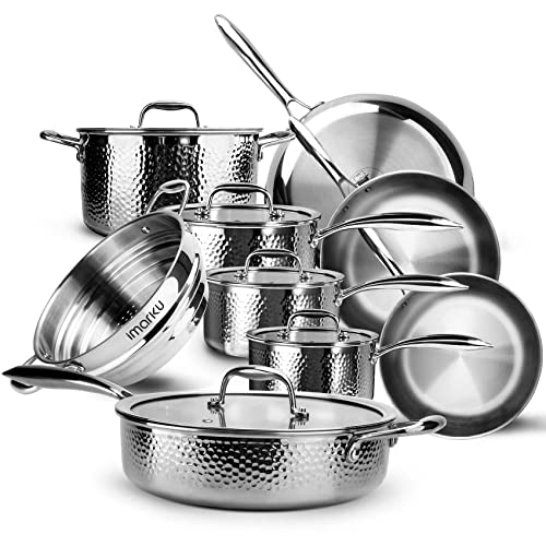 Pots and Pans Set, imarku Kitchen Cookware Sets, Tri-Ply Clad Stainless Steel 14-Piece with Hangered Handle and Lids, Suits Ceramic and Induction, Oven and Dishwasher Safe, Mothers Day Gifts