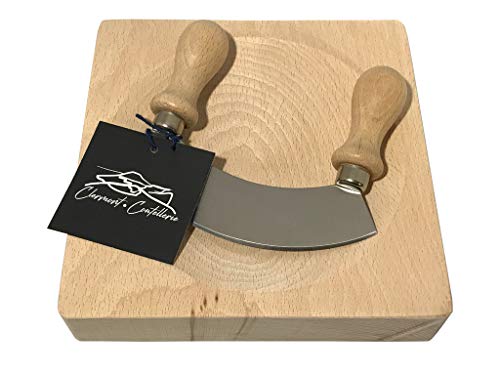 Premium Made In France Mezzaluna Rocking Vegetable Chopper and Mincing Knife, 5.5-Inch Stainless Steel Curved Blade with Wooden Handles and Natural Wood Bowl by Clermont Coutellerie