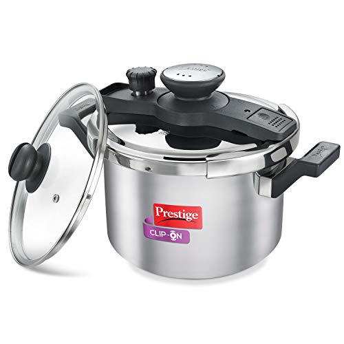 Prestige Clip-On Stainless Steel Pressure Cooker, Cook and Serve Pot with Extra Glass Lid, Large 5 Liters