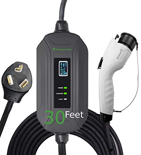 PRIMECOM Level 2 Electric Vehicle (EV) Charger (220V / 240Volt, 16Amp) Portable EVSE Smart Electric Car Charger, 30', 40', and 50 Feet Lengths (30 Feet, 10-30P)