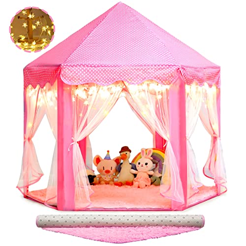 Princess Castle Tent with Rug for Girls Fairy Play Tents for Kids Hexagon Playhouse with Fairy Star Lights Toys for Children or Toddlers Indoor Games (Pink Princess Tent with Rug)