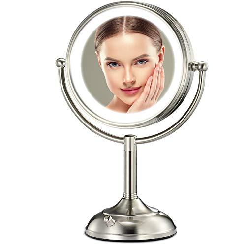 Professional 8.5" Large Lighted Makeup Mirror Updated with 3 Color Lights, 1X/10X Magnifying Swivel Vanity Mirror with 48 Premium LED Lights, Brightness Dimmable Cosmetic Mirror, Senior Pearl Nickel