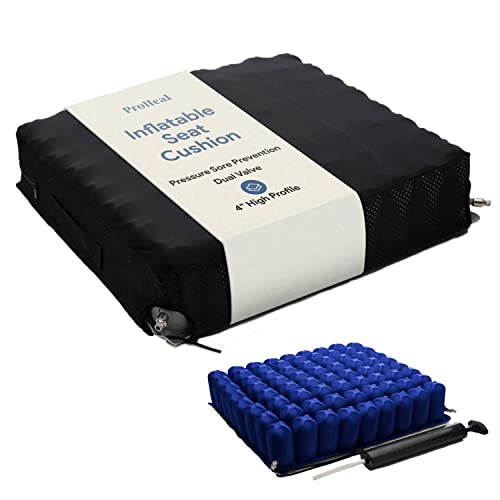 ProHeal Inflatable Wheelchair Air Cushion 18 x 18 - for Pressure Sore Treatment and Prevention - 4” Deep Immersion Pressure Redistribution - Dual Valve - Nylon Cover - Includes Pump, Repair Kit
