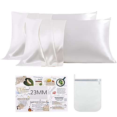 PROMEED 100% Mulberry Silk Pillowcases 2 Pack for Hair and Skin, Upgraded 6A+ Natural Silk Pillow Cases Set of 2, Real Silk Anti Acne Pillowcase (King 20"x36", White)