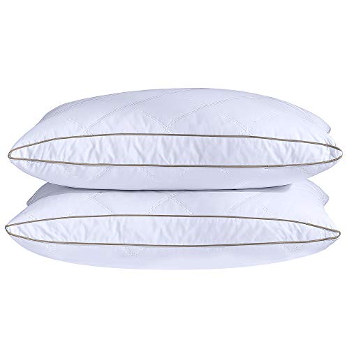 puredown® Natural Goose Down Feather Pillows for Sleeping Oval Gusseted Feather Down Pillow 100% Cotton Pillow Cover with Leaf Quilting King Set of 2