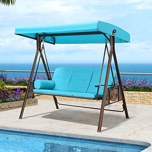 PURPLE LEAF 3-Seat Deluxe Outdoor Patio Porch Swing with Weather Resistant Steel Frame, Adjustable Tilt Canopy, Cushions and Pillow Included, Turquoise Blue
