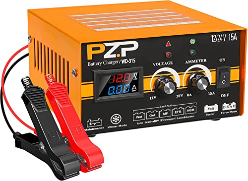 PZP 0-15A 12V 24V Car Battery Charger Automotive Motorcycle Boat Marine Trickle Charger 12 Volt 24 Volt Automobile Battery Charger Maintainer, Manual Deep Cycle Chargers