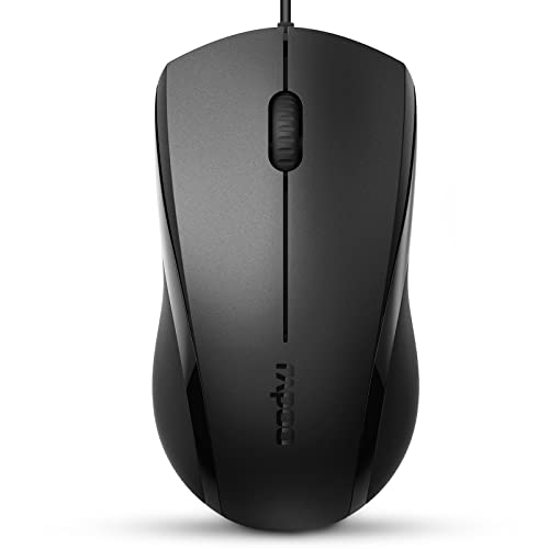 Rapoo Silent Wired Mouse, 1000 DPI 5ft Cord Quiet Button Optical Computer Mouse, Left Right Hand Use, for Laptop Chromebook Mac Notebook, Matte Black