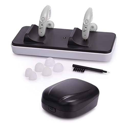 RCA OTC Hearing Aid Pair – Rechargeable, Discreet, Behind-The-Ear Hearing Aids, Adjustable Volume Control Wheel, Right or Left Ear Compatible, 15-Hour Battery Life, Water-Resistant, 2-Pack