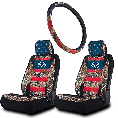 Realtree Camo Americana Flag 3pc Water Resistant Seat Cover Set for Trucks, Cars and SUVs - 2 Low Back Seat Covers and 1 Steering Wheel Cover