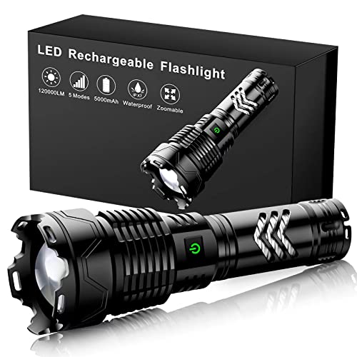 Rechargeable Led Flashlights, 120000 High Lumens Flashlight, XHP160.8 Powerful Tactical Flashlight with Zoomable, 6 Modes, IPX7 Waterproof, Super Bright Flashlight for Camping, Hiking, Emergencies