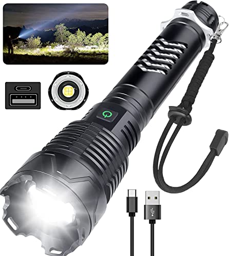 Rechargeable LED Flashlights High Lumens, 150000 Lumen Super Bright Powerful Flashlight,5 Light Modes, Zoomable, IPX6 Waterproof Flashlight for Outdoor Camping(Length)