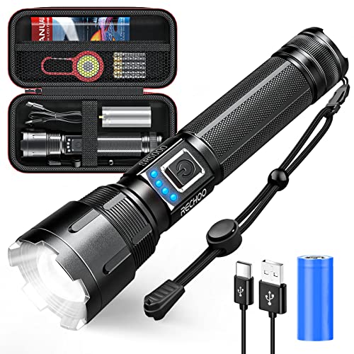 RECHOO Rechargeable Flashlights High Lumens, Tactical Flashlights 20000 Lumens Led Flashlight with 5 Mode & Zoomable, IP65 Waterproof Flash Light for Camping, Hiking, Emergency