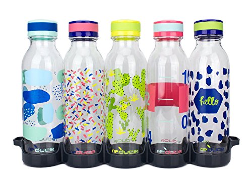 REDUCE WaterWeek Reusable Water Bottle Set, 20oz – Plastic Reusable Water Bottle Set of 5, Plus Fridge Tray – BPA-Free, Leak Proof Twist Off Cap – Bliss