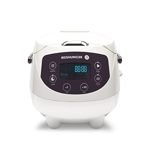 Reishunger Digital Mini Rice Cooker & Steamer, White with Keep-Warm Function & Timer - 3.5 Cups - Small Rice Cooker Japanese Style with Ceramic Inner Pot - 8 Programs - 1-3 People