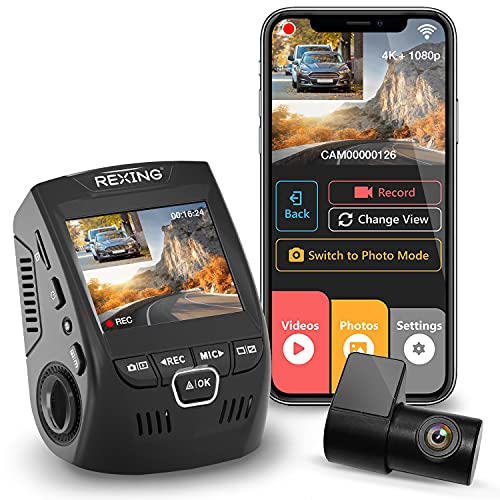 Rexing V1P 4K Car Dash Cam 2.4" LCD 2160p Front + 1080p Rear Wi-Fi 170° Wide Angle Dual Channel with Rear Cam, G-Sensor, WDR, Loop Recording Mobile App Supercapacitor