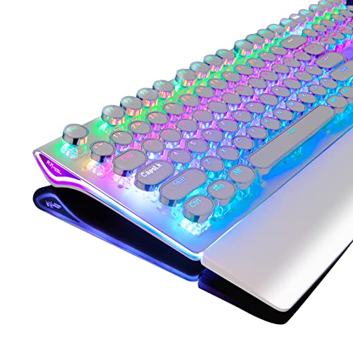 RK ROYAL KLUDGE S108 Typewriter Style Retro Mechanical Gaming Keyboard Wired with True RGB Backlit Collapsible Wrist Rest 108-Key Blue Switch Round Keycap - White
