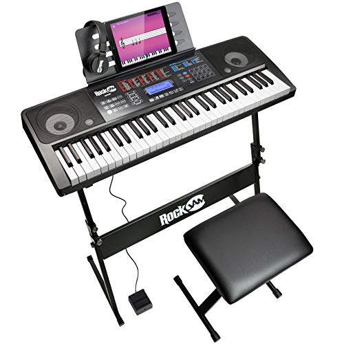 RockJam 61 Key Touch Display Keyboard Piano Kit with Digital Piano Bench, Electric Piano Stand, Headphones Piano Note Stickers, Sustain Pedal & Simply Piano Lessons