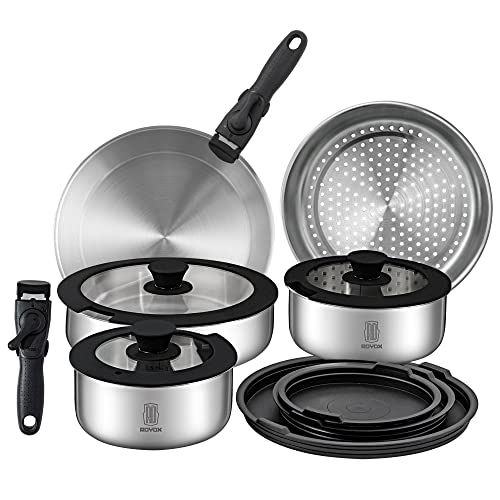 ROYDX Pots and Pans Set, 16 Piece Stainless Steel Kitchen Removable Handle Cookware Set, Frying Saucepans with Lid, Stay-Cool Handles for All Stoves, Dishwasher and Oven Safe, Camping