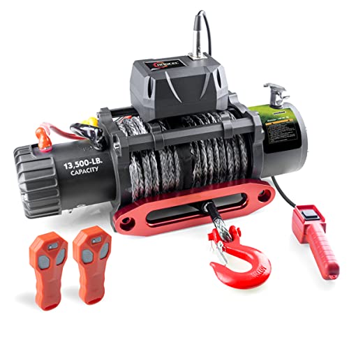 RUGCEL WINCH 13500lb Waterproof Electric Black Synthetic Rope Winch with Hawse Fairlead, Wired Handle and 2 Wireless Remote