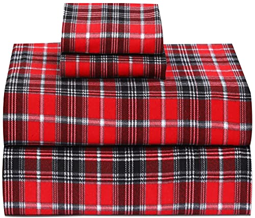 RUVANTI 100% Cotton 4 Pcs Flannel Sheets Full, Deep Pocket, Warm, Super Soft, Breathable, Moisture Wicking Full Size Sheet Sets, Bed Sheets Include Flat, Fitted Sheet,2 Pillowcase - Red Plaid