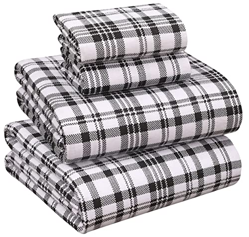 RUVANTI Flannel Sheets Queen Size - 100% Cotton Brushed Flannel Bed Sheet Sets - Deep Pockets 16 Inches (fits up to 18") - All Seasons Breathable & Super Soft - Warm & Cozy - 4 Pcs - Black Plaid
