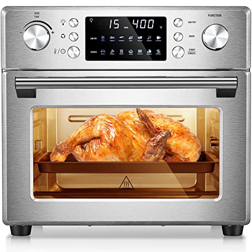 R.W.FLAME 26.4QT Air Fryer Oven, 2 in 1 Toaster Oven Air Fryer Combo, Stainless Steel Rotisserie Air Fryer with Rotisserie & Dehydrator, Countertop Toaster Ovens for Family