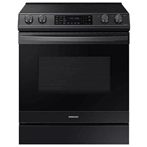 SAMSUNG 6.3 Cu Ft Smart Front Control Slide-In Electric Range Kitchen Stove w/ Air Fry, Convention+, Wi-Fi, Large Oven Capacity, NE63T8511SG/AA, Fingerprint Resistant Stainless Steel, Black