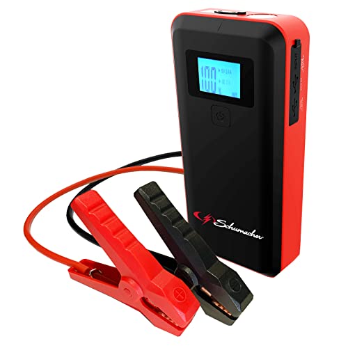 Schumacher SL1639 Lithium Portable Power Pack and 1000A 12V Jump Starter, for 8.0L Gas | 6.0L Diesel Engines – Jump Start Car, Motorcycle, and Boat – USB Charging for Apple, and Android, Black, Red