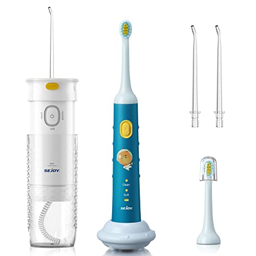 Sejoy Cordless Water Flosser + Sonic Electric Toothbrush, Rechargeable Kids Electric Toothbrush for Children and Toddlers Age 3+,Easy-Grip Handle,2 Clean Modes, IPX7 Waterproof