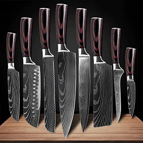 SENKEN 8-piece Premium Japanese Kitchen Knife Set with Laser Damascus Pattern - Imperial Collection - Chef's Knife, Santoku Knife, Bread Knife, Paring Knife & More, Ultra Sharp for Very Fast Cutting