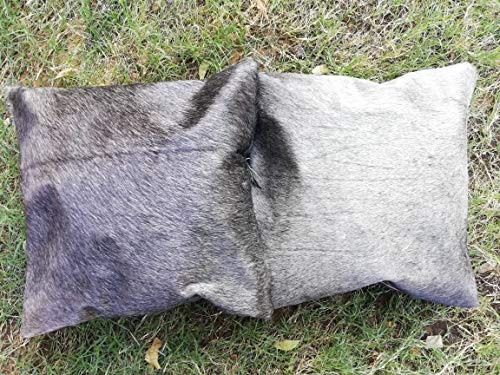 Set of 2 Natural Grey Cowhide Cushion Pillow Covers, Square Style Cushion Pillowcases 16 X 16, Gray Hair on Cushion Covers