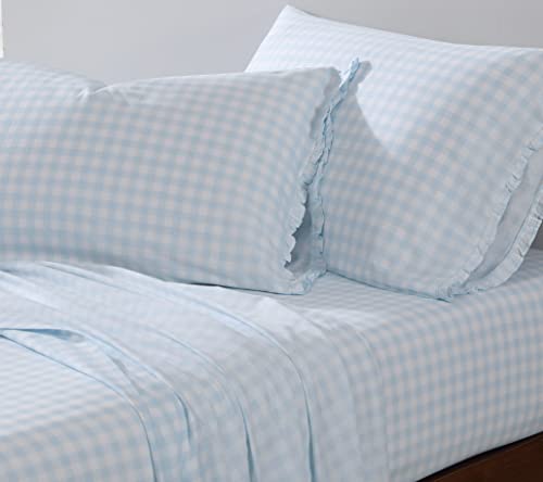 Shabby Chic® - California King Sheets, Soft & Breathable Organic Cotton Bedding Set, Classic Style Home Decor with Ruffled Pillowcases (Gingham Blue, California King)