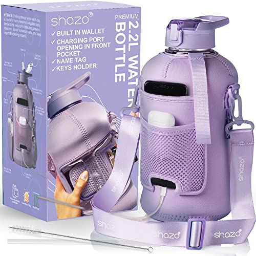 Shazo 74oz 2.2L Half Gallon Sports Water Bottle with Straw, Storage Sleeve with Built-In Wallet Phone Pocket Key Ring Name Tag, Cleaning Brush - Large Gym Drink Container in Stylish Light Purple Color