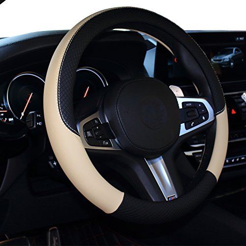 SHIAWASENA Car Steering Wheel Cover, Leather, Universal 15 Inch Fit, Anti-Slip & Odor-Free (Black&Beige)
