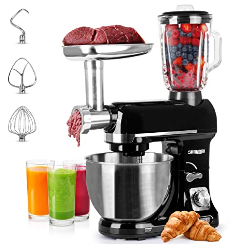 Shiinobi 6 in 1 Black Stand Mixer |500W Electric Mixer with 5 Liter Stainless Steel Bowl, 1.5 Liter Glass Jar |Kitchen Mixer with Hook, Whisk & Beater