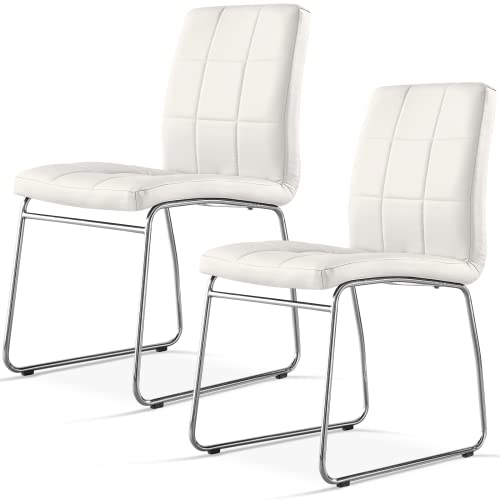 SICOTAS Modern Dining Chairs Set of 2, Dining Room Chairs with Faux Leather Padded Seat Back in Checkered Pattern and Sled Chrome Legs, Kitchen Chairs for Dining Room, Kitchen, Living Room,White Chair