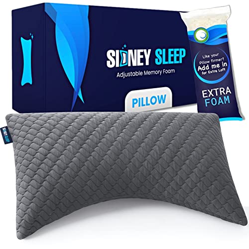 Sidney Sleep Side and Back Sleeper Pillow for Neck and Shoulder Pain Relief - Memory Foam Bed Pillow for Sleeping - 100% Adjustable Fill - Queen Size Washable Case - Extra Fill Included (Queen, Grey)
