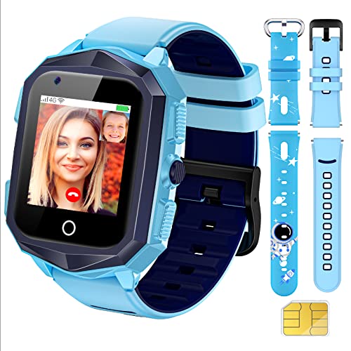Smart Watch for Kids with SIM Card, 4G Kids GPS Tracker Watch, IP67 Waterproof 2 Way Call Video & Voice Chat SOS Pedometer, Kids Cell Phone Watch Christmas Birthday Gifts for 3-15 Boys(73-Blue)